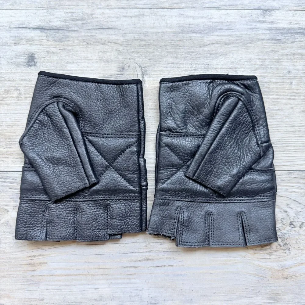 Black Genuine Leather Fingerless Riding Gloves Size Medium Motorcycle Biker